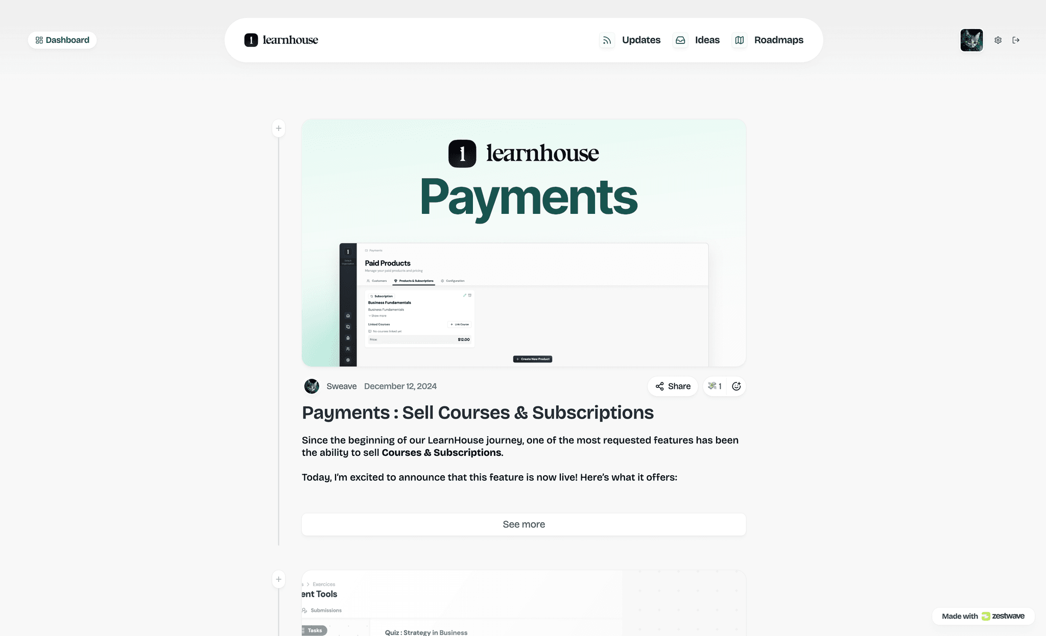 Zestwave Preview - All-in-one Product Feedback, Changelog, Roadmap & Testimonial Tool